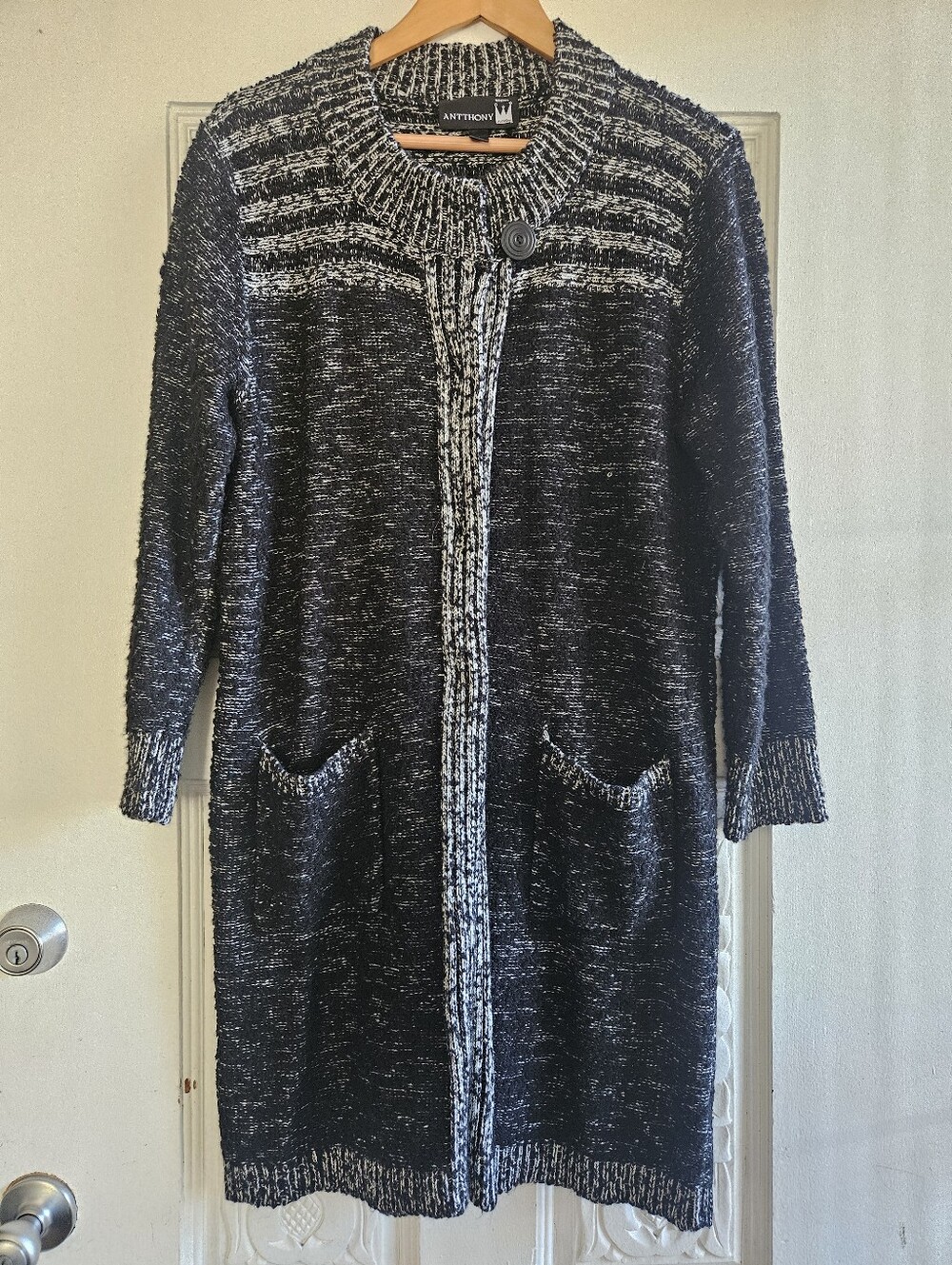 Antthony Black & Grey Marled Long Open Cardigan with Pockets Large